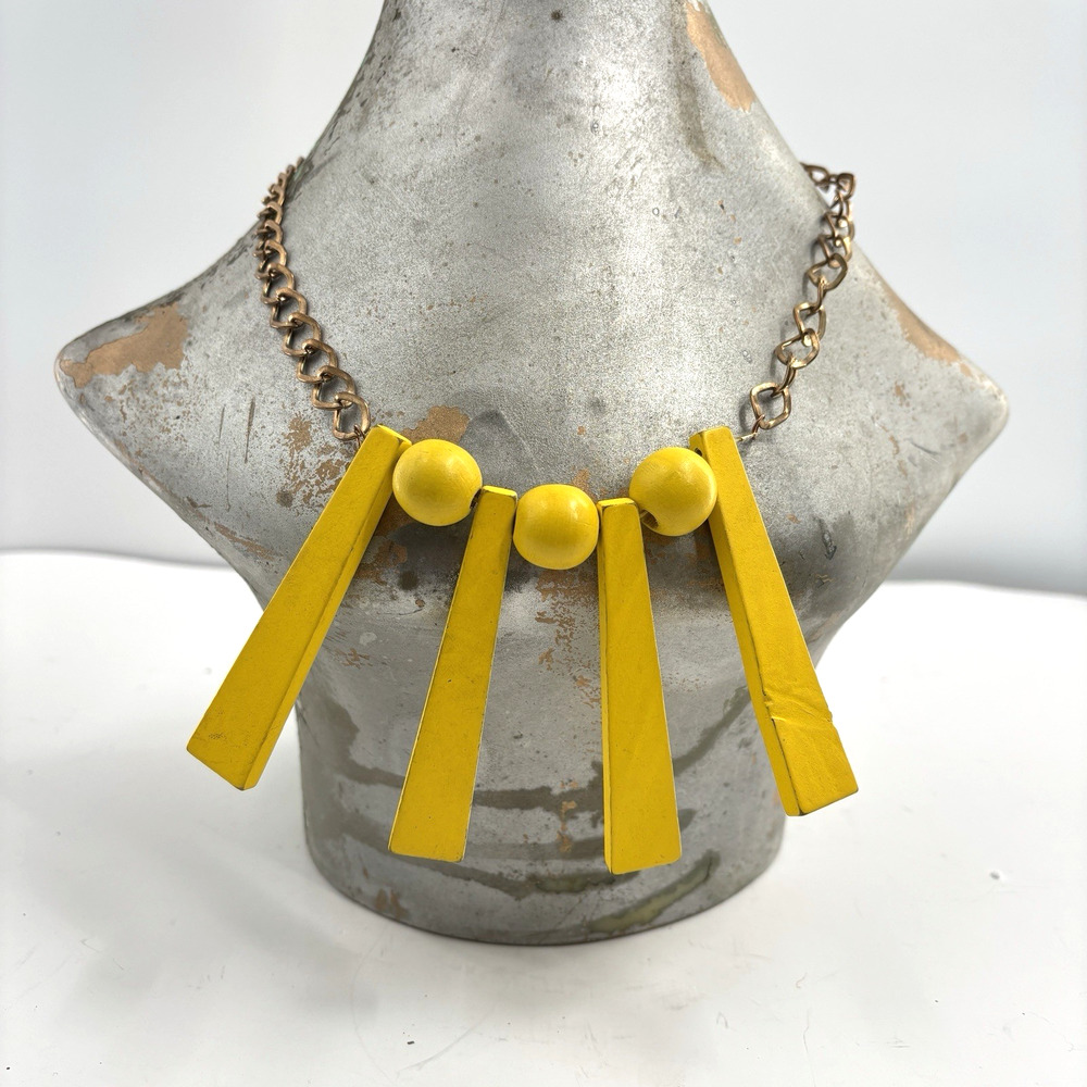 Vtg Mod Pop Art Necklace Yellow Wood Chunky Geometric Bib Collar Copper Chain